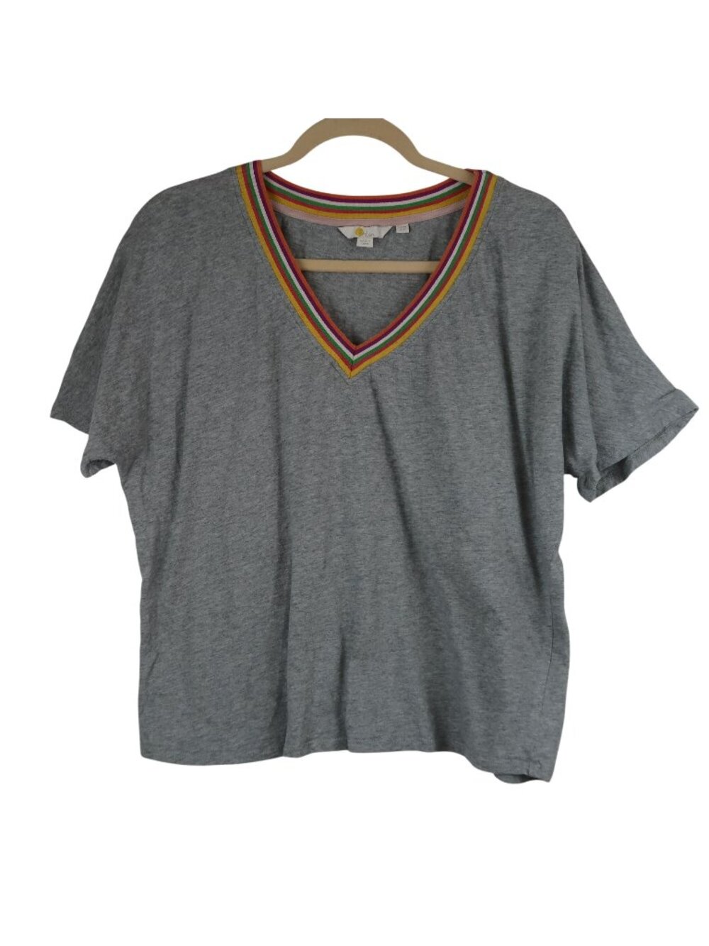 ✨3/$30 Boden US 10 Rainbow Trimmed Ringer Grey V-Neck T-Shirt 100% Cotton